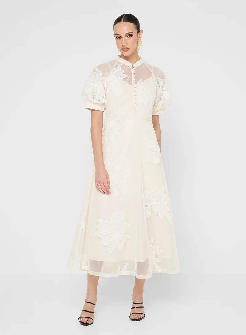 Khizana Floral Embroidered Dress With Puff Sleeves