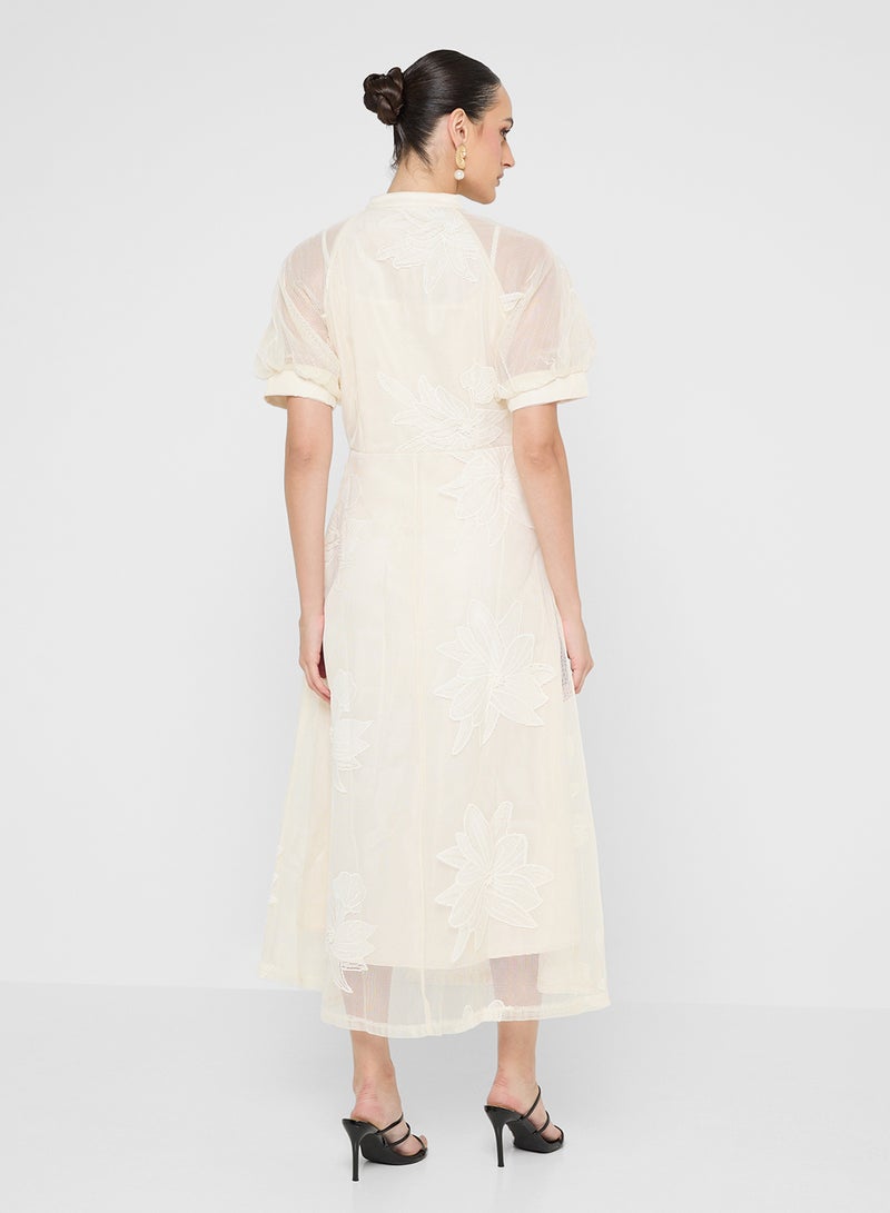 Khizana Floral Embroidered Dress With Puff Sleeves - Image 2