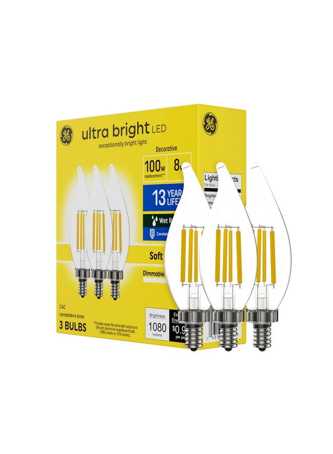 GE Ultra Bright LED Light Bulbs, 100W, Soft White Candle Lights, Clear Decorative CA12 Light Bulbs, Candelabara Base, 3 count (Pack of 1) - Image 1