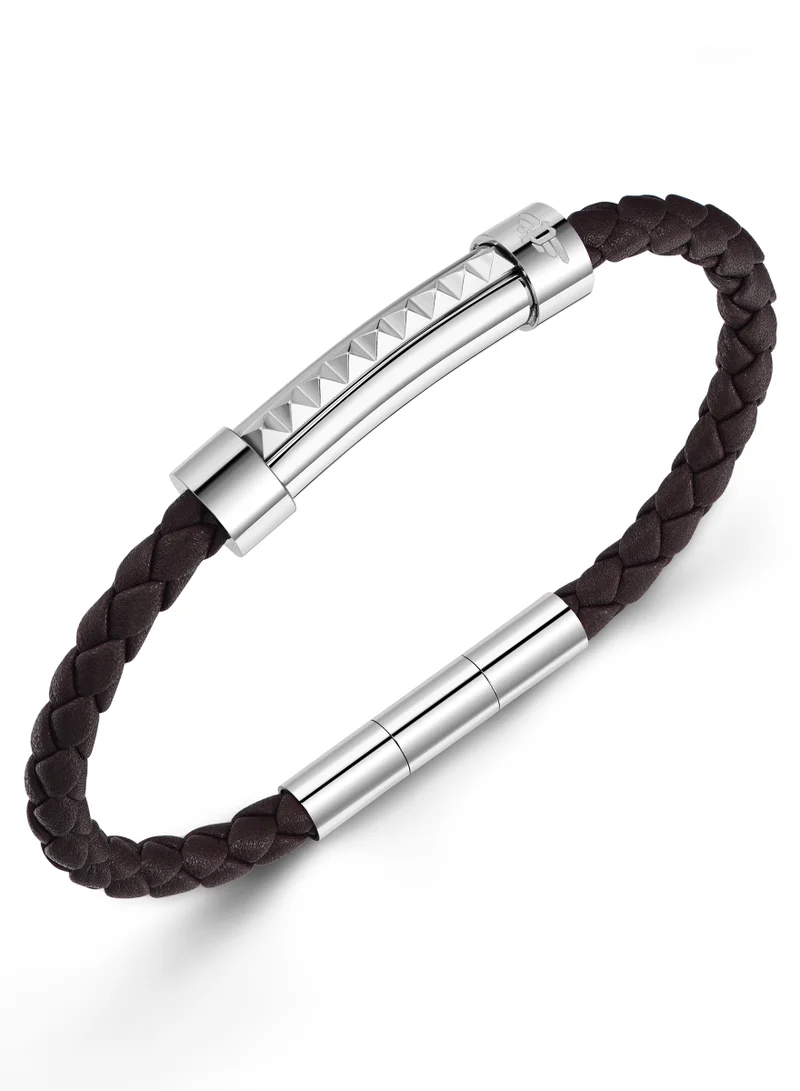 Police Geometric Silver Tube with Brown Leather Bracelet L