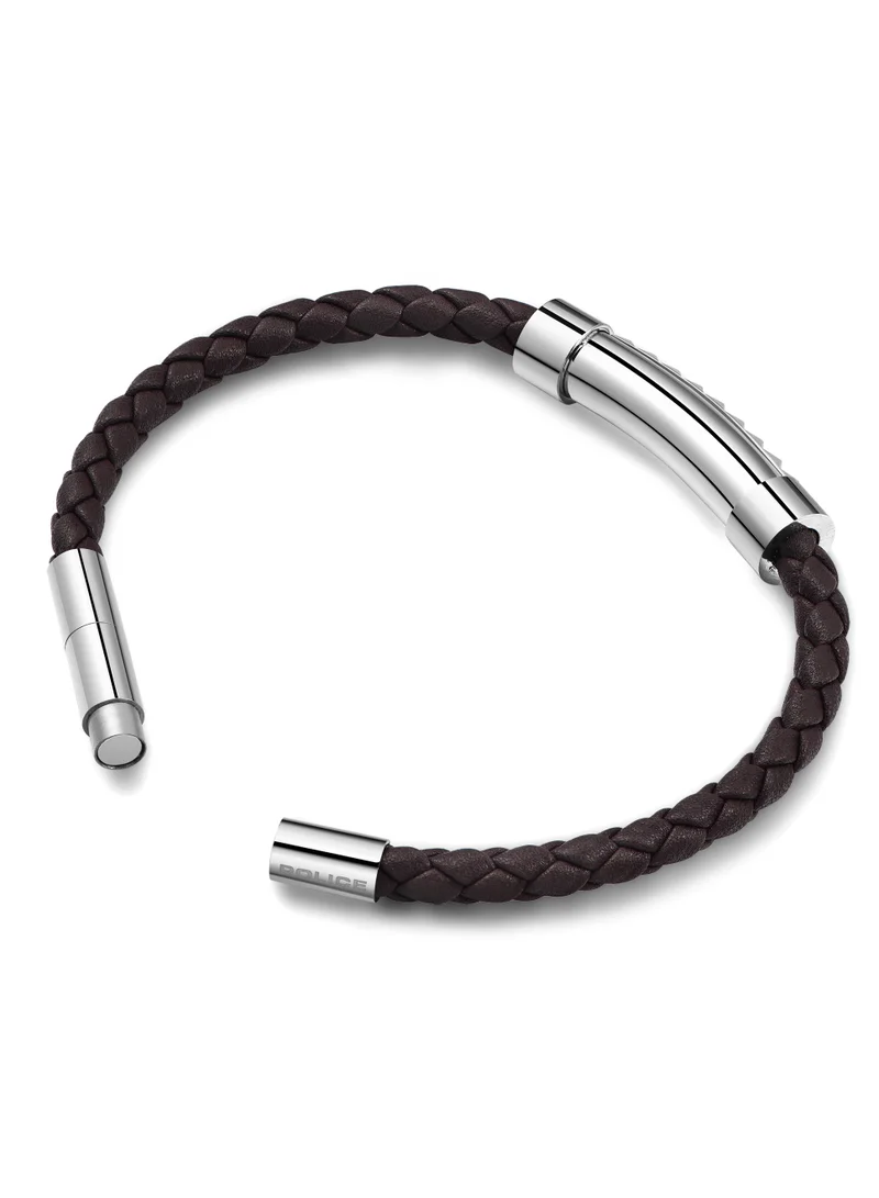 Police Geometric Silver Tube with Brown Leather Bracelet L