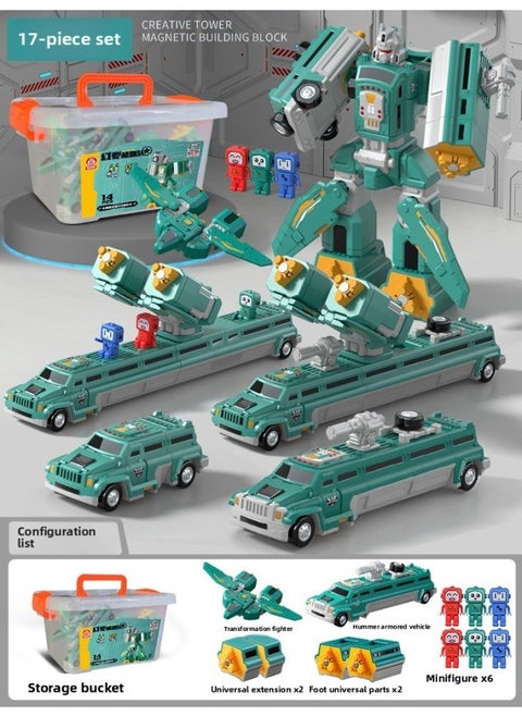Children's Day 61 Gift Magnetic Building Block Splicing Toy Boy Assembled Engineering Vehicle Transforming Robot King Kong-Color:Sea, Land And Air Robot [17-piece Set] + Storage Bucket