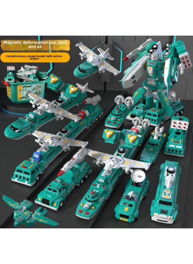 null - Children's Day 61 Gift Magnetic Building Block Splicing Toy Boy Assembled Engineering Vehicle Transforming Robot King Kong-Color:Sea, Land And Air Robot [17-piece Set] + Storage Bucket - Image 1
