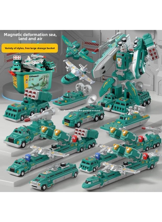 null - Children's Day 61 Gift Magnetic Building Block Splicing Toy Boy Assembled Engineering Vehicle Transforming Robot King Kong-Color:Sea, Land And Air Robot [17-piece Set] + Storage Bucket - Image 1