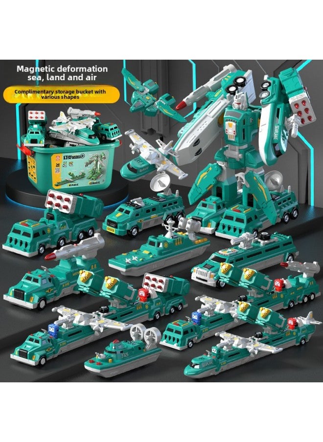 null - Children's Day 61 Gift Magnetic Building Block Splicing Toy Boy Assembled Engineering Vehicle Transforming Robot King Kong-Color:Sea, Land And Air Robot [17-piece Set] + Storage Bucket - Image 1