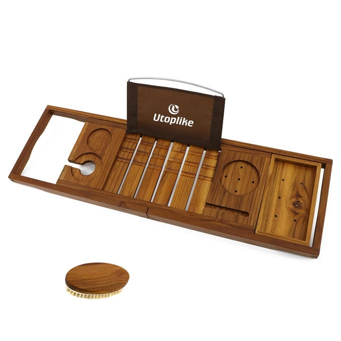 TEAK BATHTUB CADDY TRAY BATH TRAY FOR TUB UNIQUE BATHTUB ORGANIZER WITH BOOK TABLET WINE GLASS CUP TOWEL HOLDER ADJUSTABLE FOR YOUR LOVED