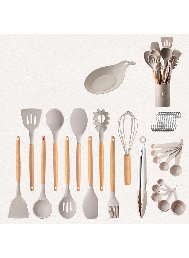 Kitchen Cooking Utensils Set, 24 pcs Non-Stick Silicone Cooking Kitchen Utensils Spatula Set with Holder, Wooden Handle Silicone Kitchen Heat Resistant Gadgets Utensil Set (Khaki) - Image 1