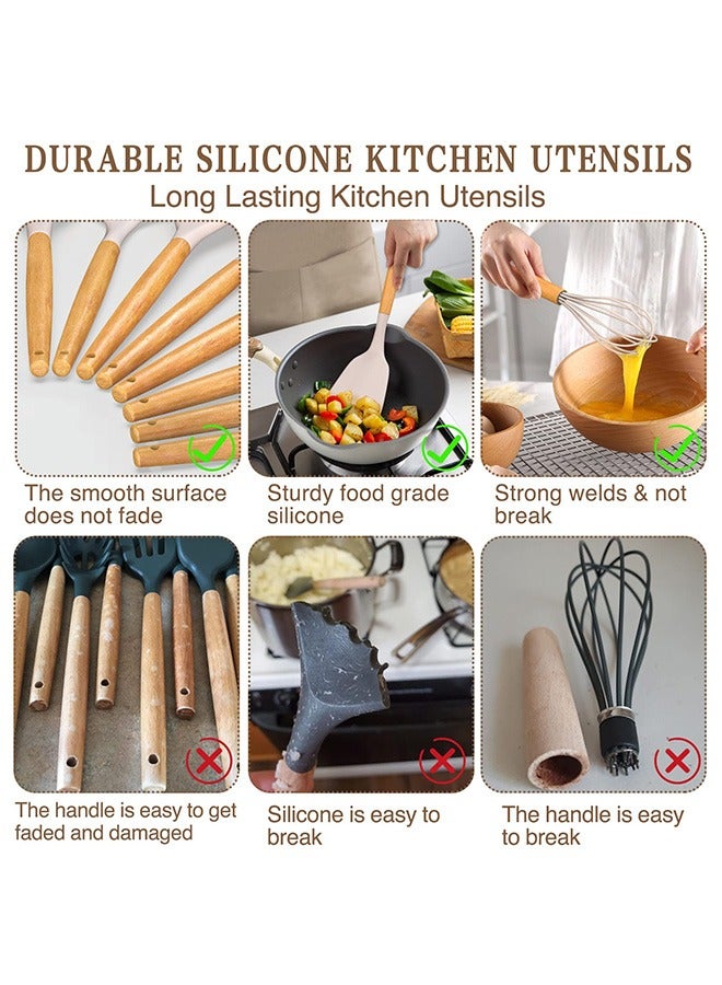 Kitchen Cooking Utensils Set, 24 pcs Non-Stick Silicone Cooking Kitchen Utensils Spatula Set with Holder, Wooden Handle Silicone Kitchen Heat Resistant Gadgets Utensil Set (Khaki) - Image 2