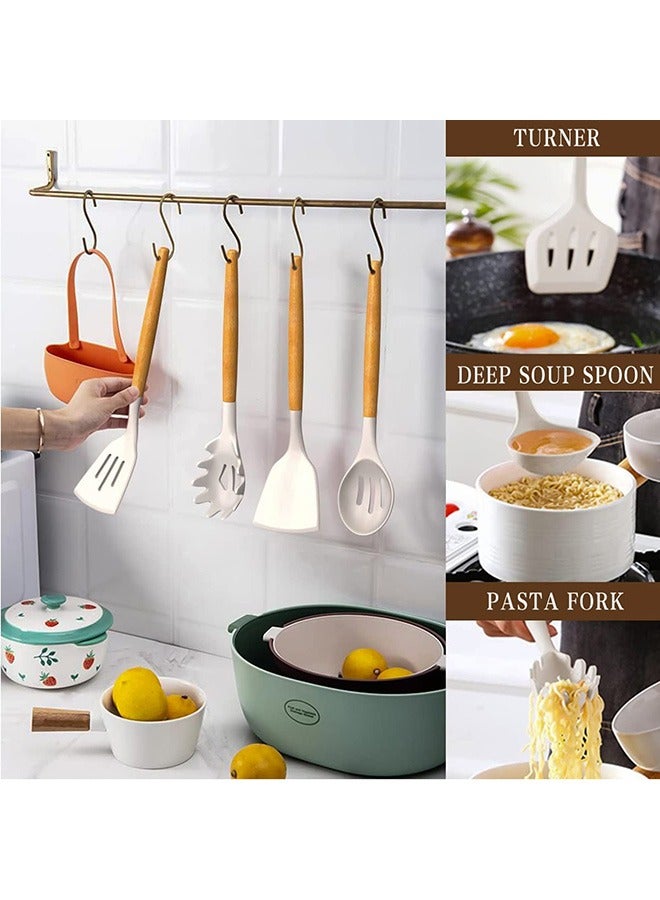 Kitchen Cooking Utensils Set, 24 pcs Non-Stick Silicone Cooking Kitchen Utensils Spatula Set with Holder, Wooden Handle Silicone Kitchen Heat Resistant Gadgets Utensil Set (Khaki) - Image 4