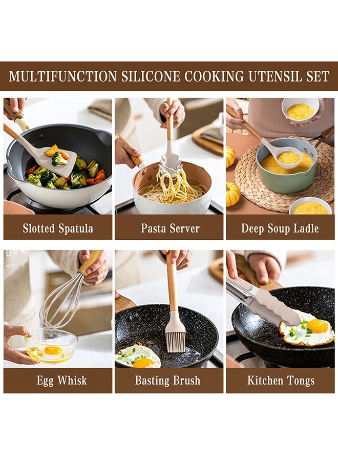 Kitchen Cooking Utensils Set, 24 pcs Non-Stick Silicone Cooking Kitchen Utensils Spatula Set with Holder, Wooden Handle Silicone Kitchen Heat Resistant Gadgets Utensil Set (Khaki) - Image 3