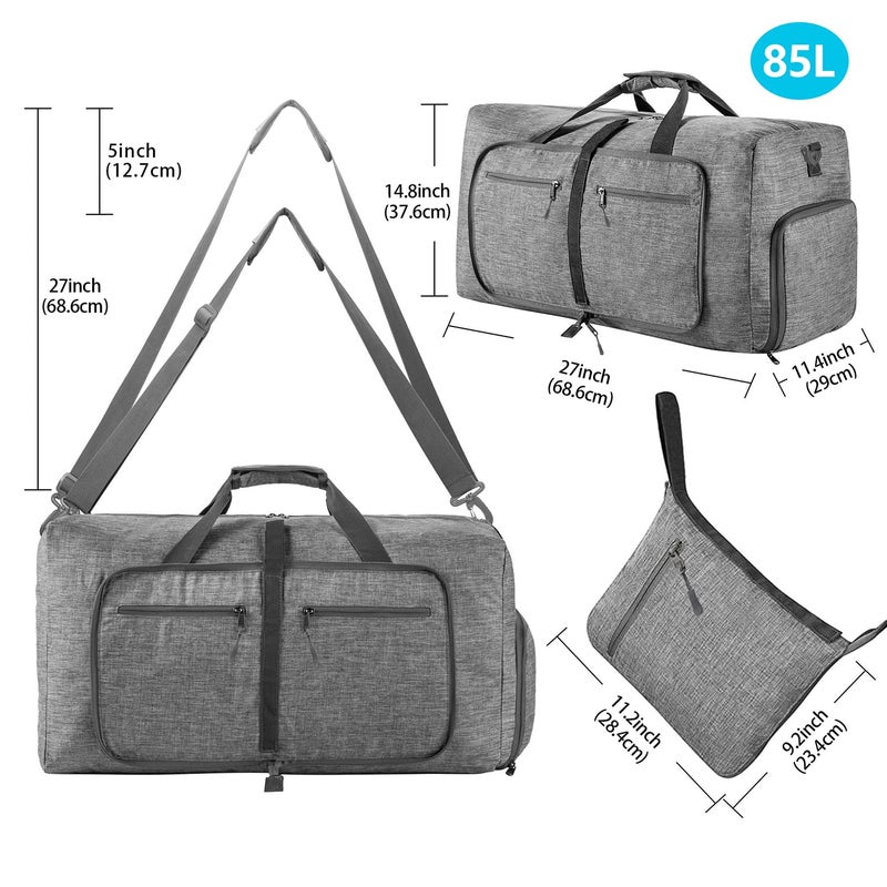 Vomgomfom 85L Foldable Travel Duffle Bag, Lightweight Checked Luggage with Shoe Compartment, Water-Resistant Weekender Overnight Bag for Men & Women, Grey - Image 2