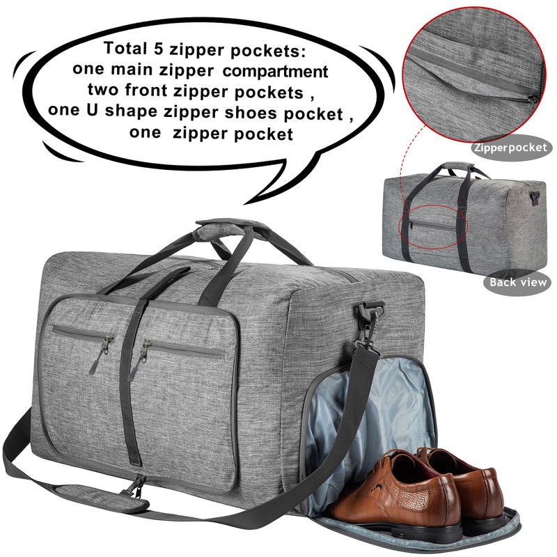 Vomgomfom 85L Foldable Travel Duffle Bag, Lightweight Checked Luggage with Shoe Compartment, Water-Resistant Weekender Overnight Bag for Men & Women, Grey - Image 3