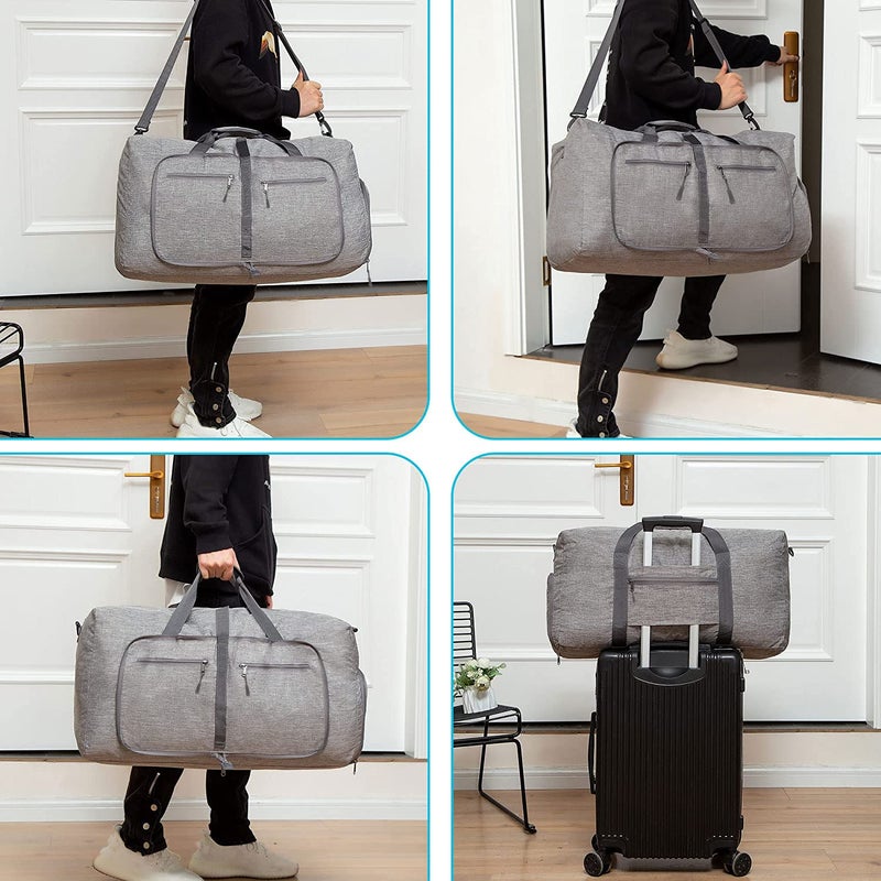 Vomgomfom 85L Foldable Travel Duffle Bag, Lightweight Checked Luggage with Shoe Compartment, Water-Resistant Weekender Overnight Bag for Men & Women, Grey - Image 5