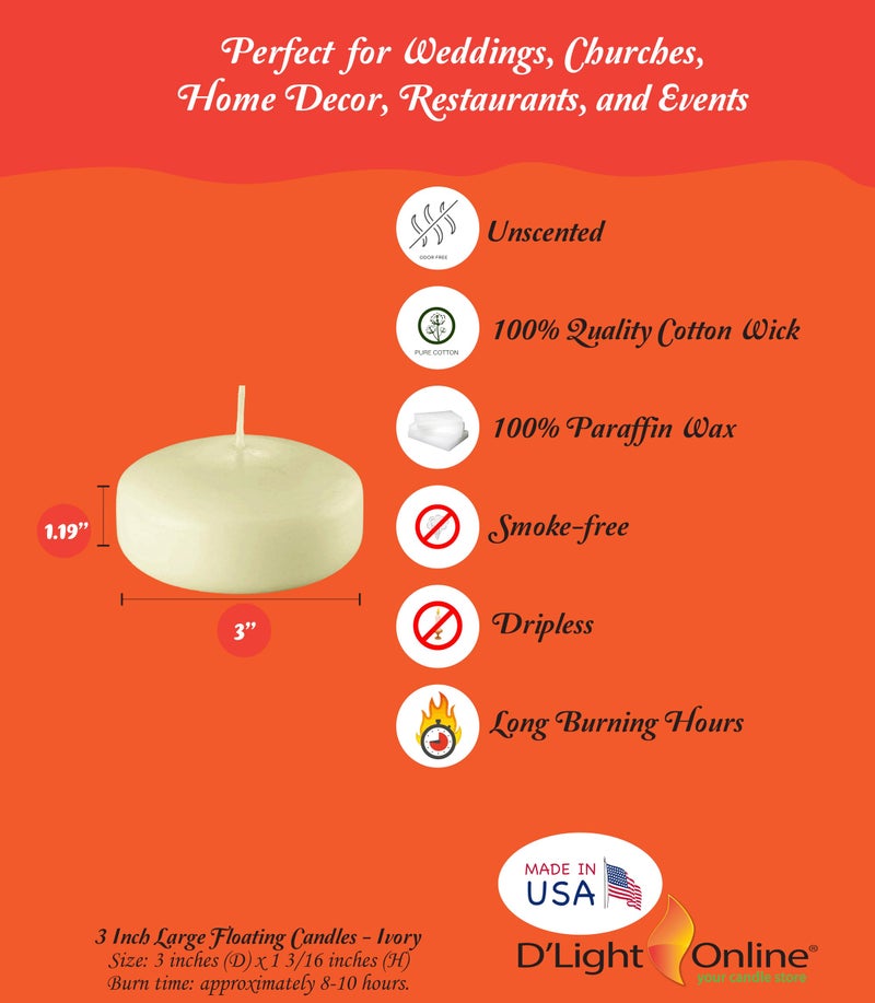 D'light Online Large 3 Inch Ivory Floating Candles Bulk Pack for Events, Centerpieces, Spa, Pool, Home Decor, for Cylinder Vases, Special Occasions and Holiday Decor - (Ivory, Set of 36) - Image 1