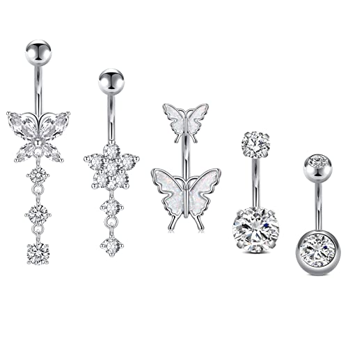 Incaton 14G Belly Button Rings, Stainless Steel Diamond Belly Rings For Women, Dangle Belly Button Rings With Butterfly, 10mm Bar Navel Piercings Silver 10mm - Image 1