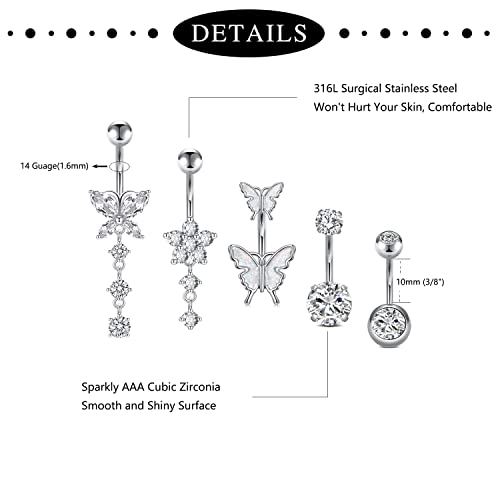 Incaton 14G Belly Button Rings, Stainless Steel Diamond Belly Rings For Women, Dangle Belly Button Rings With Butterfly, 10mm Bar Navel Piercings Silver 10mm - Image 2