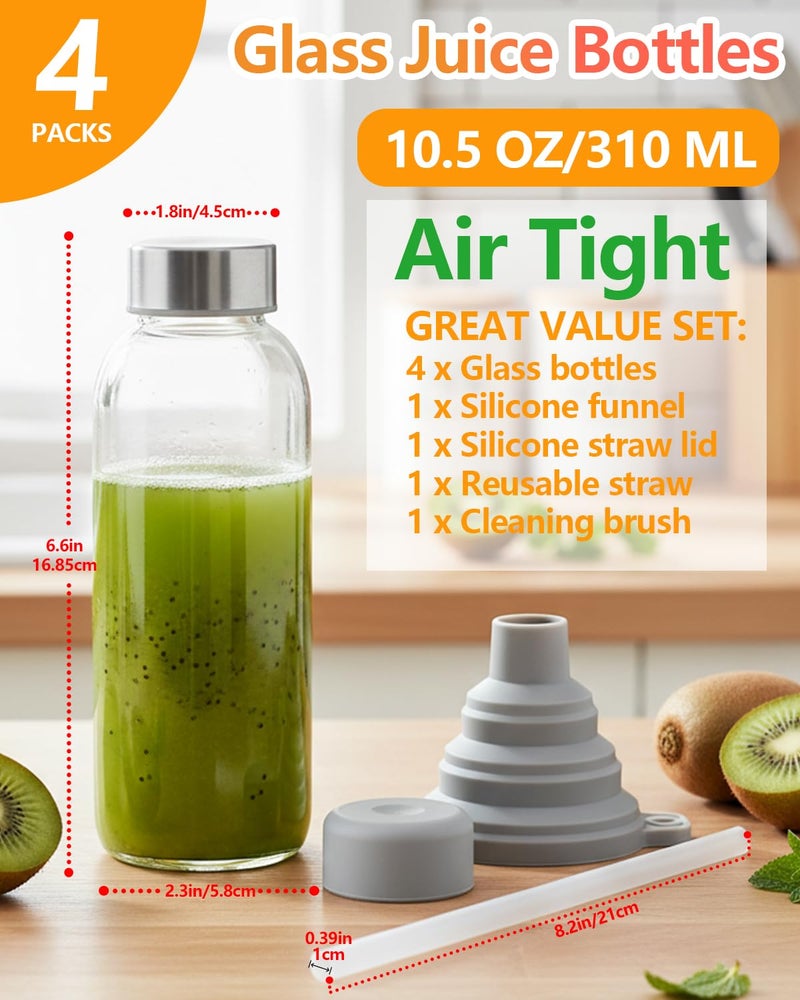 Zukro Glass Juice Bottles 10.5 oz, 4 Pack Reusable Small Clear Water Container With Stainless Steel Lids & Straw for Juicing, Smoothie, Travel, Homemade Drinks, Fridge, Leak Proof & BPA Free - Image 3