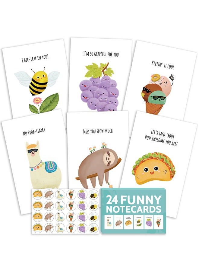 T MARIE 24 Funny Note Cards Set - Punny Puns Thinking of You Notecards Pack for Friends, Kids, Students, and More - Say Hello, Thank You or I Miss You with Hilarious Animals and Food Cartoon Greeting Ca - Image 1
