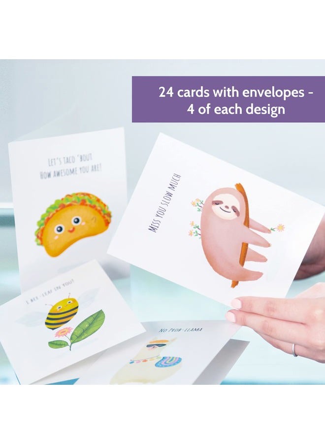 T MARIE 24 Funny Note Cards Set - Punny Puns Thinking of You Notecards Pack for Friends, Kids, Students, and More - Say Hello, Thank You or I Miss You with Hilarious Animals and Food Cartoon Greeting Ca - Image 3