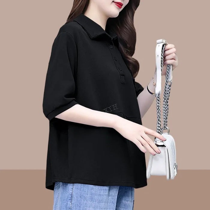 Loose Mid-Sleeve T-Shirt Women'S 2024 Half-Sleeve Sweat Thin Plus Size Fashionable Lapel Short-Sleeve Top Trendy - Image 1