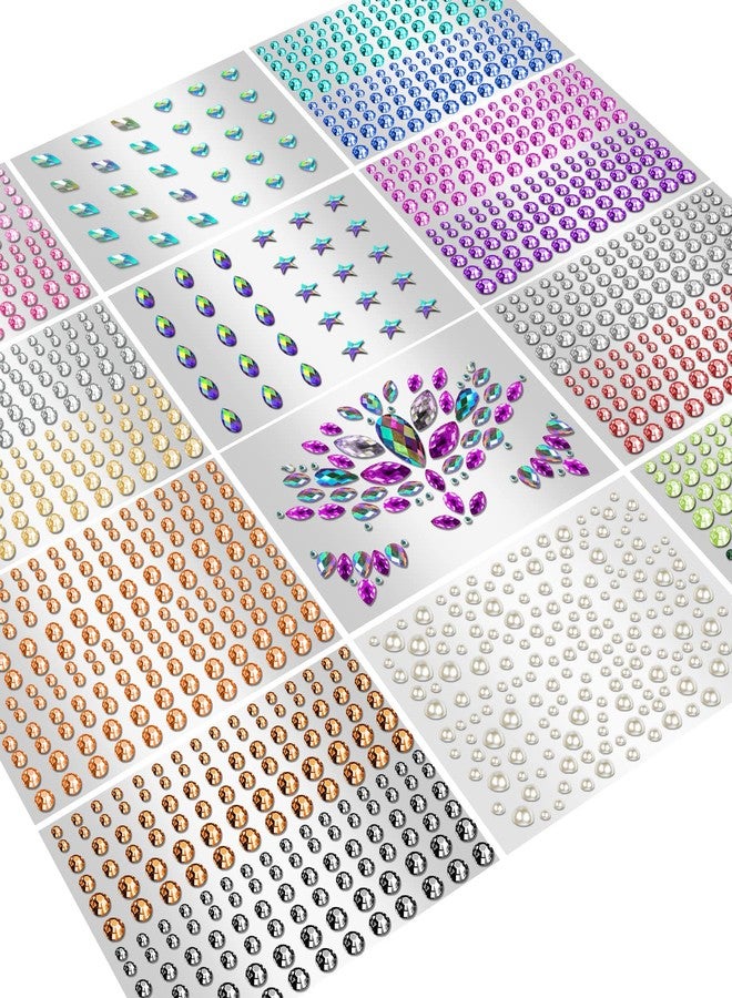 Creatrill Face Jewels Stick On Assorted 12 Sheets Gems, Rhinestones for Makeup Stickers, Flatback Pearls and Rhinestones for Crafts - Image 1
