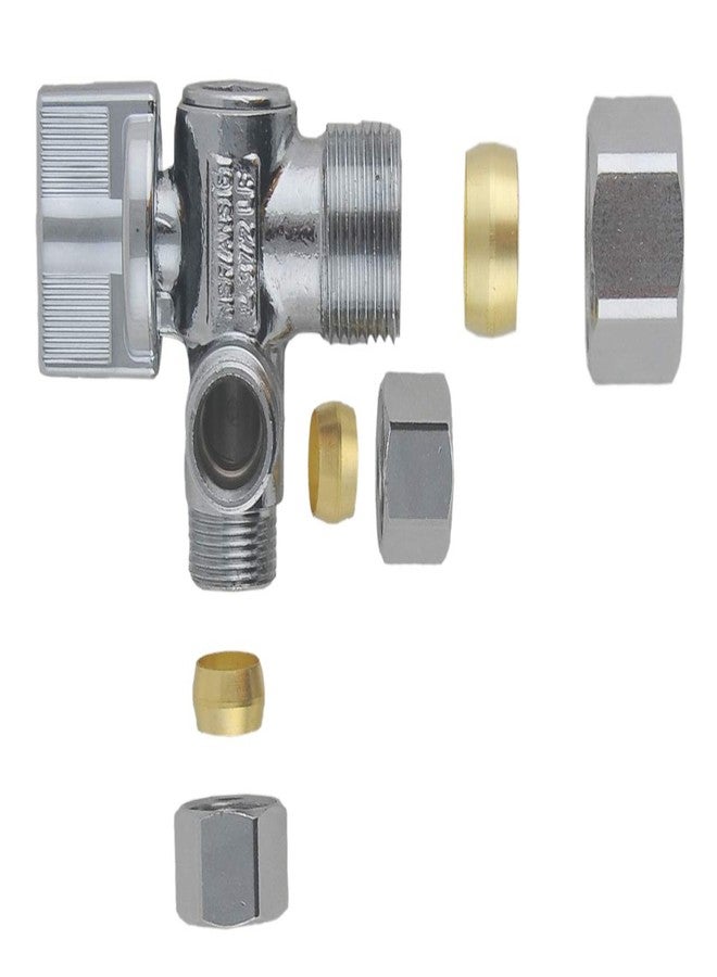 ال دي صمام LD - صمام إيقاف بزاوية مخرج ضغط مزدوج 1/4 دورة، ربع دورة 5/8 بوصة قطر خارجي × 3/8 بوصة قطر خارجي × 3/8 بوصة قطر خارجي مزود بثلاث طرق لإمداد المياه، صمام إيقاف LF مطلي بالكروم والنحاس (عبوة من قطعتين) - Image 4