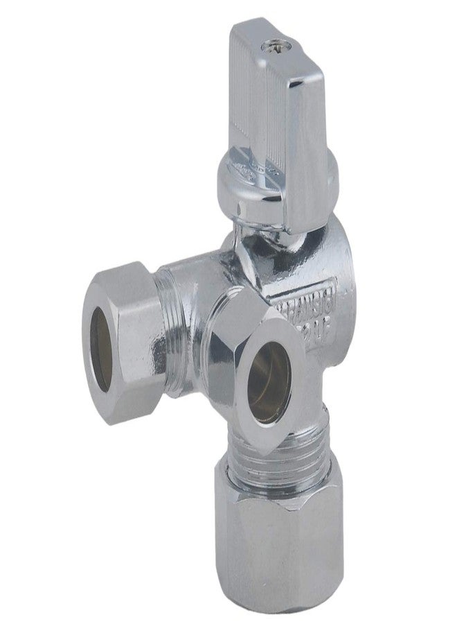 ال دي صمام LD - صمام إيقاف بزاوية مخرج ضغط مزدوج 1/4 دورة، ربع دورة 5/8 بوصة قطر خارجي × 3/8 بوصة قطر خارجي × 3/8 بوصة قطر خارجي مزود بثلاث طرق لإمداد المياه، صمام إيقاف LF مطلي بالكروم والنحاس (عبوة من قطعتين) - Image 2