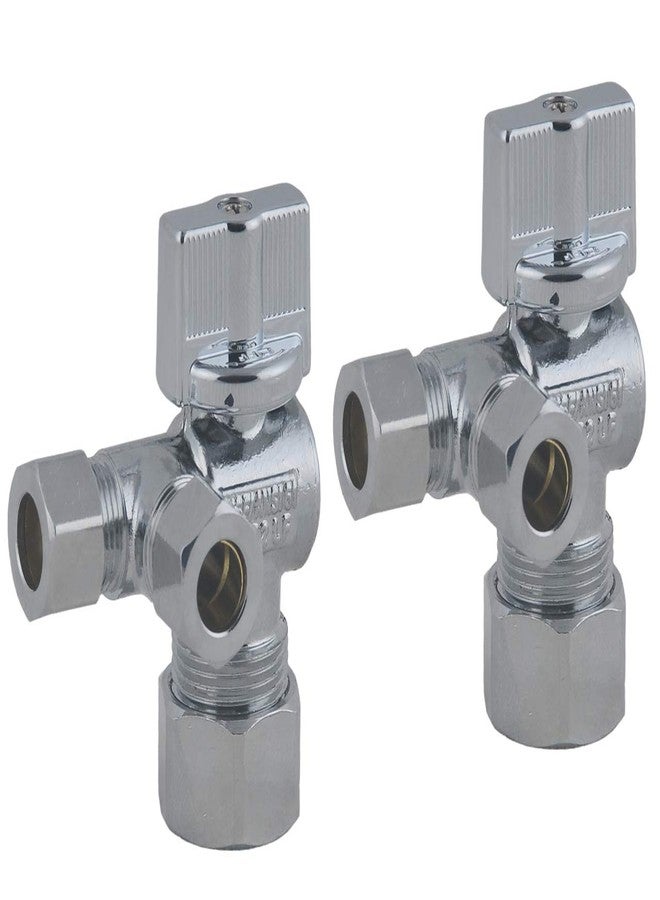 ال دي صمام LD - صمام إيقاف بزاوية مخرج ضغط مزدوج 1/4 دورة، ربع دورة 5/8 بوصة قطر خارجي × 3/8 بوصة قطر خارجي × 3/8 بوصة قطر خارجي مزود بثلاث طرق لإمداد المياه، صمام إيقاف LF مطلي بالكروم والنحاس (عبوة من قطعتين) - Image 1