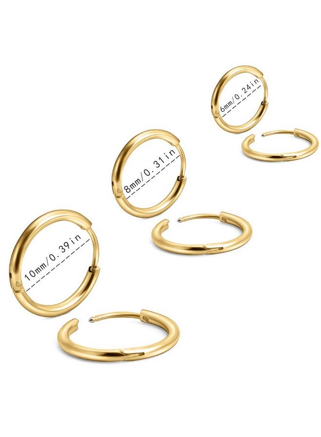 EACHLP 6Pcs 316L Surgical Stainless Steel Small Gold Huggie Hoop Earrings 6mm 8mm 10mm Hypoallergenic Earrings Hoop Cartilage Helix Lobes Hinged Sleeper Earrings for Men Women （6mm 8mm 10mmGold） - Image 2