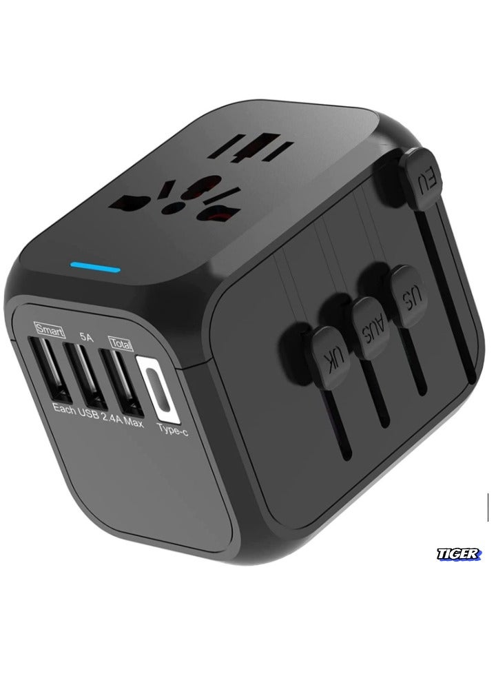 TIGER International Power Adapter – All-in-One Wall Outlet Adapter Charger with 2.4A High-Speed 3 USB Ports & 3.0A Type-C, Worldwide Travel Plug Adapter - Image 1
