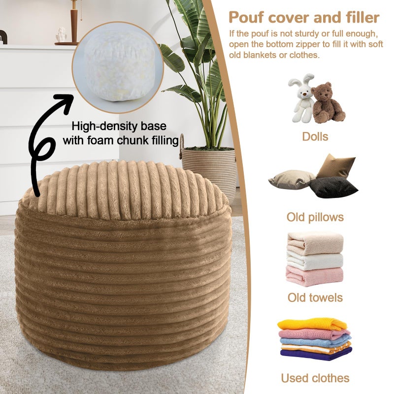 MeMoreCool Stuffed Round Pouf Ottoman Foot Rest, Soft Plush Floor Pouf Foot Stool, Corduray Footstool Footrest, Small Round Ottoman for Living Room Couch Sofa Chair, 20x15 Inch Coffee - Image 4