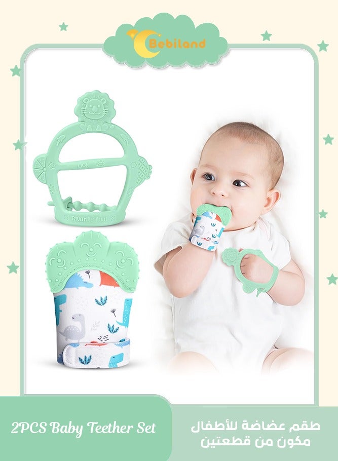 بيبي لاند طقم تسنين للأطفال مكون من قطعتين، لعبة تسنين للأطفال مع حزام قابل للتعديل، صوت مجعد وملمس مجعد، قفاز تسنين للأطفال الرضع المهدئ ذاتيًا للرضع من 0-6 أشهر - Image 1