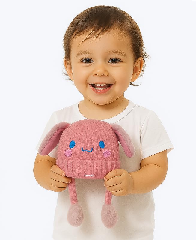 CHACKO Bunny Cap with Moving Ears for Kids (1–10 Yrs) | Plush Wool Winter Hat | Cute Girls Headwear & Funny Cap_Pink - Image 3
