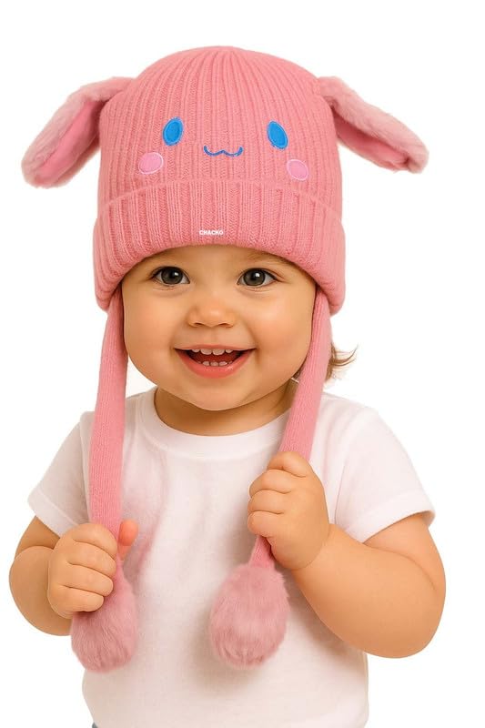 CHACKO Bunny Cap with Moving Ears for Kids (1–10 Yrs) | Plush Wool Winter Hat | Cute Girls Headwear & Funny Cap_Pink - Image 1