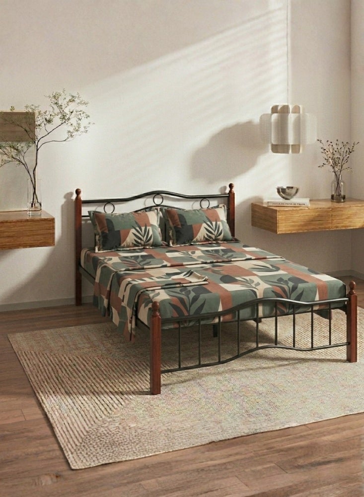 Karnak Forno Wooden Steel Double Bed Frame 150x190cm Heavy Duty Modern Bed for Home & Hostel (Cherry Brown) - Image 1
