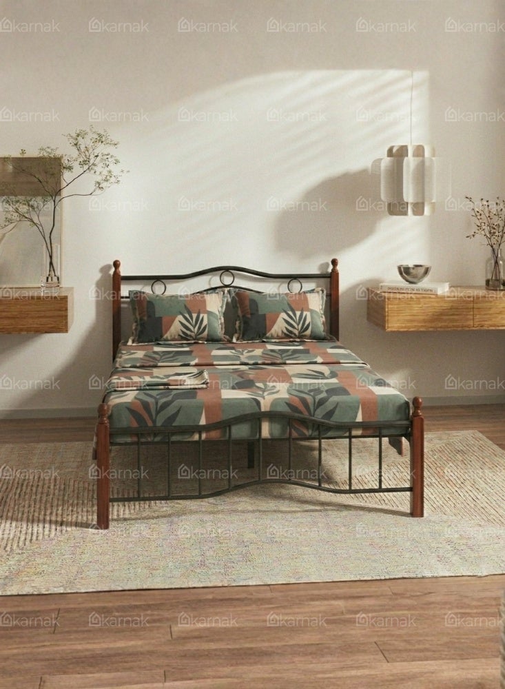 Karnak Forno Wooden Steel Double Bed Frame 150x190cm Heavy Duty Modern Bed for Home & Hostel (Cherry Brown) - Image 3