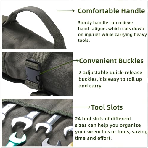 Denifiter Wrench Roll Up Organizer Pouch,Heavy Duty 16oz Waxed Canvas Tool Bag, 24 Pockets Tool Roll Bag with Buckle - Image 3