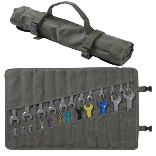 Denifiter Wrench Roll Up Organizer Pouch,Heavy Duty 16oz Waxed Canvas Tool Bag, 24 Pockets Tool Roll Bag with Buckle - Image 1
