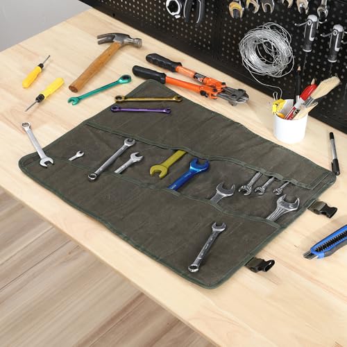 Denifiter Wrench Roll Up Organizer Pouch,Heavy Duty 16oz Waxed Canvas Tool Bag, 24 Pockets Tool Roll Bag with Buckle - Image 5