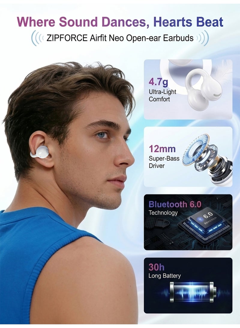 ZIPFORCE Latest Bluetooth 6.0 Open Ear Clip Headphones, 12mm Powerful Dynamic Driver Hi-Fi Stereo, IPX5 Waterproof Wireless Earbuds with Smart Touch Control, Clear Call OWS Earphones for Sports & Daily Use - Image 2