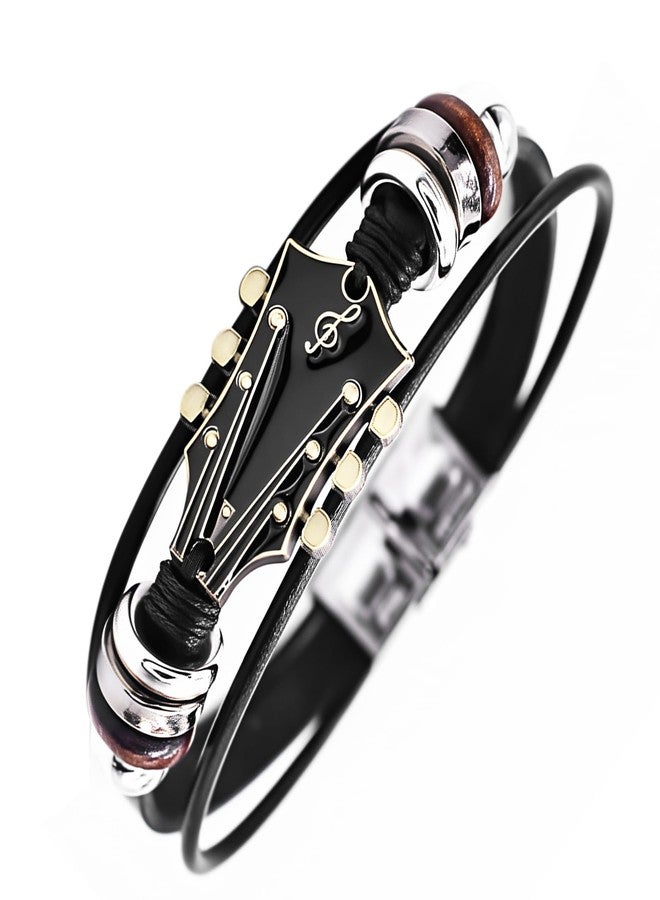 ROJEMXVE Retro Guitar Leather Bracelet for Man Women Unique Braided Handmade Cuff Multi-Layer Cords Wrap Music Shape Punk Jewelry Zinc Alloy Musical Enthusiast Rock Wristbands Gifts Black - Image 1