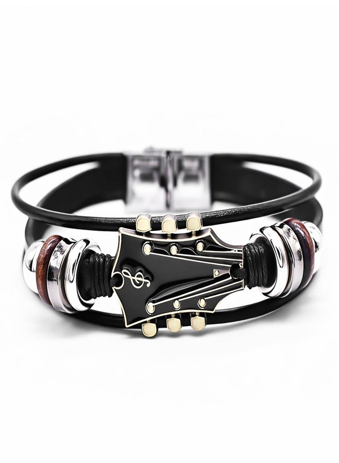 ROJEMXVE Retro Guitar Leather Bracelet for Man Women Unique Braided Handmade Cuff Multi-Layer Cords Wrap Music Shape Punk Jewelry Zinc Alloy Musical Enthusiast Rock Wristbands Gifts Black - Image 2