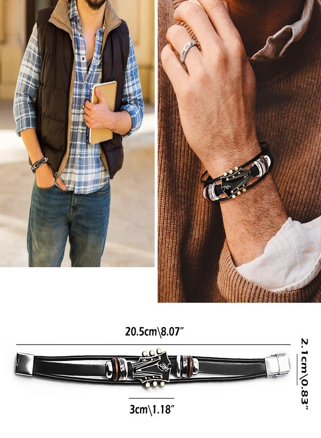 ROJEMXVE Retro Guitar Leather Bracelet for Man Women Unique Braided Handmade Cuff Multi-Layer Cords Wrap Music Shape Punk Jewelry Zinc Alloy Musical Enthusiast Rock Wristbands Gifts Black - Image 4