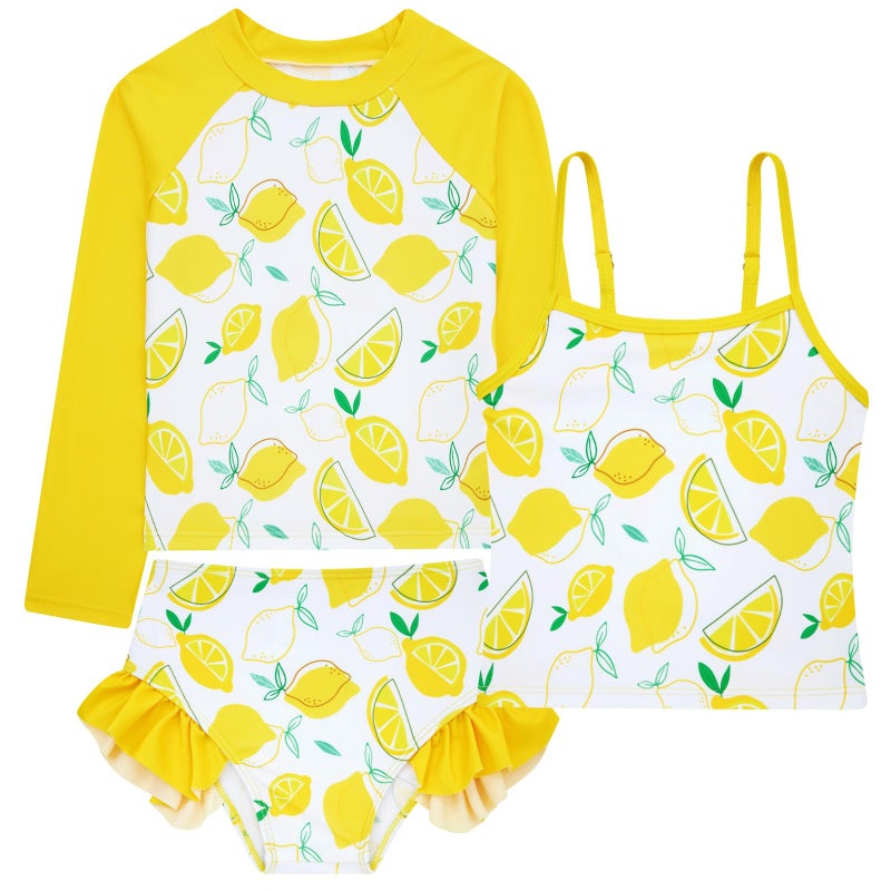 Funnycokid Little Girl Swimsuit Size 5 6 Long Sleeve 3 Pieces Rash Guard Tankini Bathing Suit Yellow Lemon Swimwear Kids - Image 1