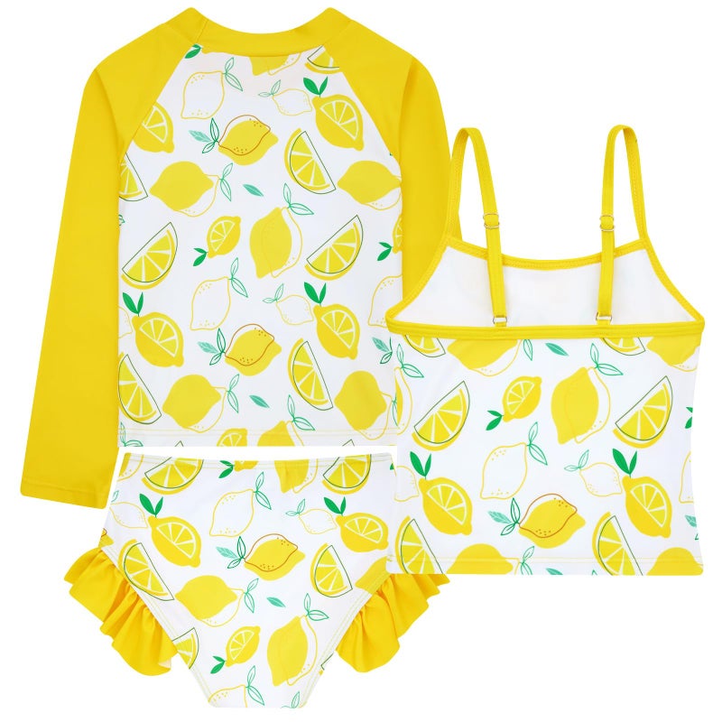 Funnycokid Little Girl Swimsuit Size 5 6 Long Sleeve 3 Pieces Rash Guard Tankini Bathing Suit Yellow Lemon Swimwear Kids - Image 2