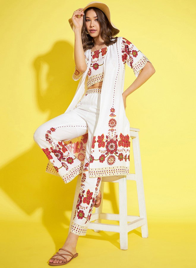 StyleStone Floral Printed Halter Neck Top & Shrug With Trouser - Image 1