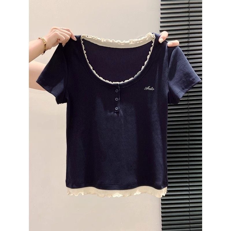 Women's Contrast U-Neck Embroidered Short Sleeve T-Shirt - Image 4