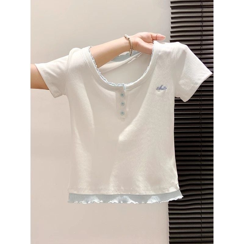 Women's Contrast U-Neck Embroidered Short Sleeve T-Shirt - Image 1