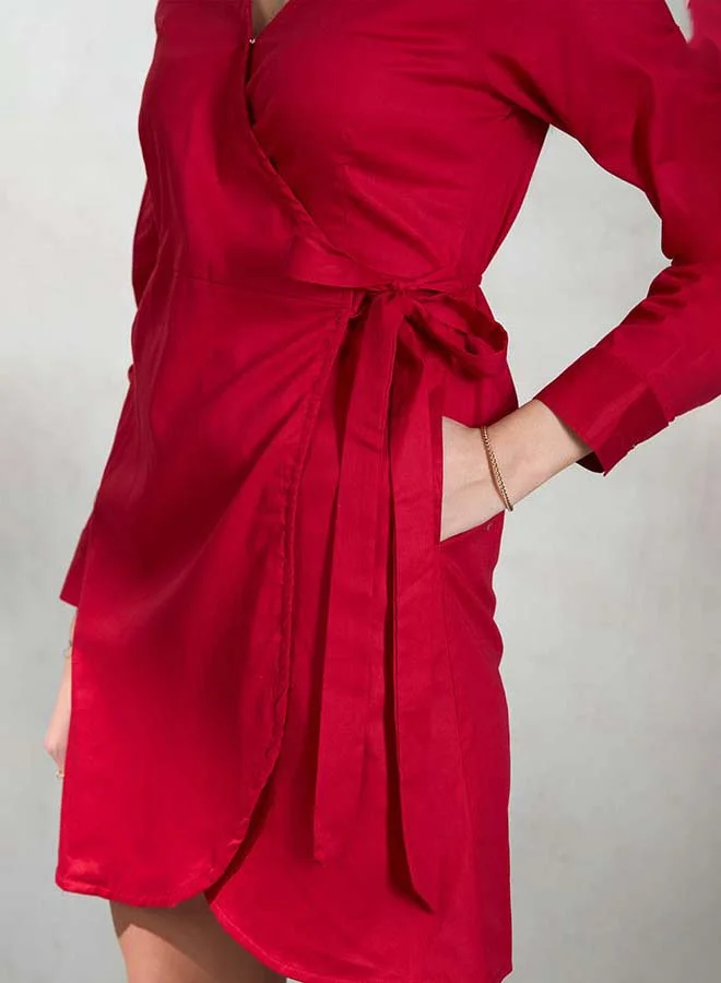 Virgio VIRGIO Cotton Stretch Red Tie-Up Wrap Mini Dress