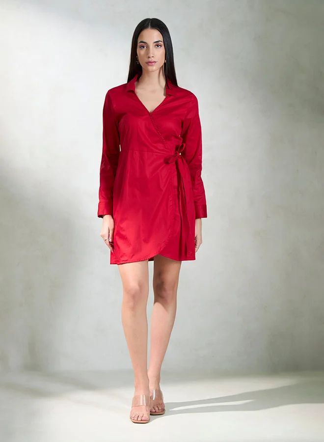 فيرجيو فستان قصير فيرجيو قطن مطاطي أحمر بربطة ملتفة